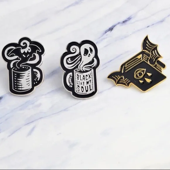 Goth Ghost Horror Coffee Mug Cup “Black Like My Soul” Metal Enamel Pin Brooch - Picture 5 of 11